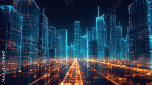 Hologram of high-rise buildings with glowing virtual grid © cherezoff
