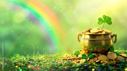 St Patrick's day pot with gold with green background and real gold shiny coins with a rainbow