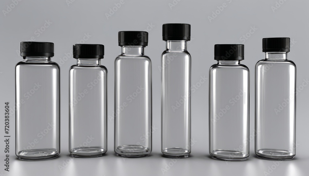 A row of six glass bottles with black caps A row of six glass bottles with black caps