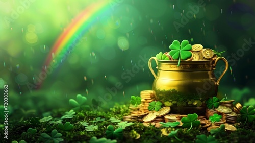 St Patrick's day gold pot with green background and real gold shiny coins with a real rainbow in high resolution