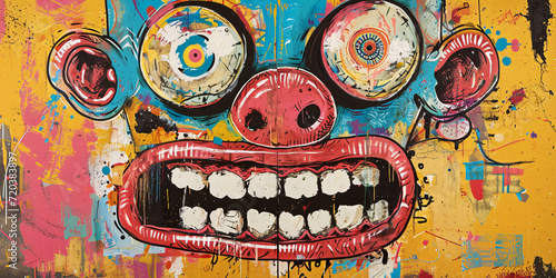 Vibrant Graffiti Artwork Featuring a Bold  Colorful Face with Expressive Eyes and a Wide Mouth - Urban Street Art