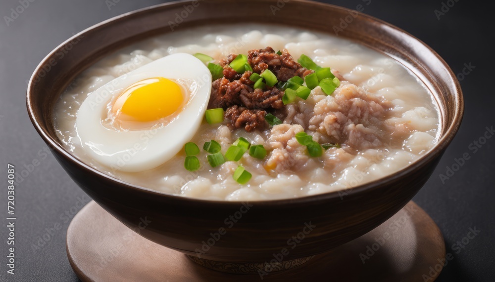 A brown bowl of soup with an egg on top