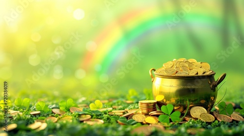 St Patrick's Day gold pot with green background and real shiny gold coins with a real rainbow in high resolution and quality. St Patrick's concept photo