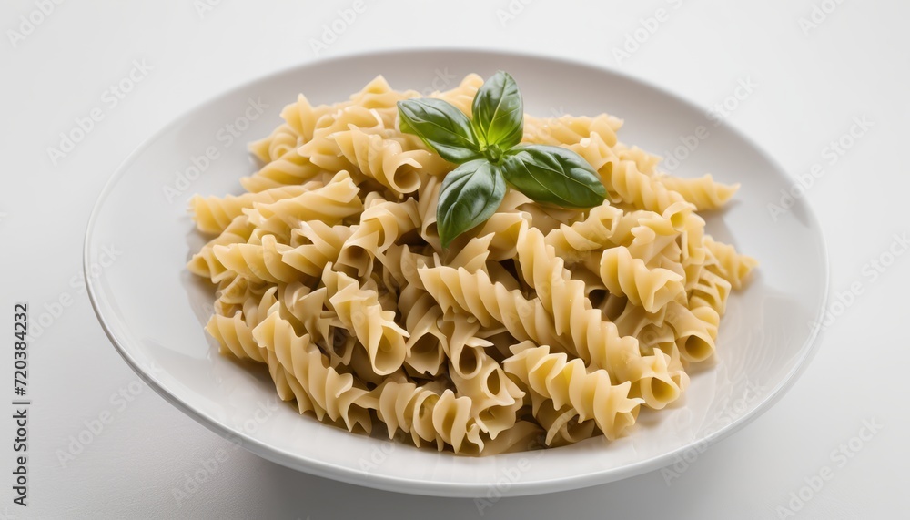 A white plate with pasta and a green leaf on top