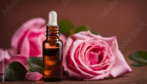 A bottle of oil with a rose on top