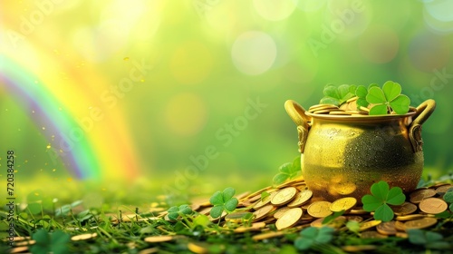 St Patrick's day pot with gold with green background and shiny gold coins