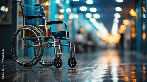 Empty wheelchair with the blurred background in the hospital. photo