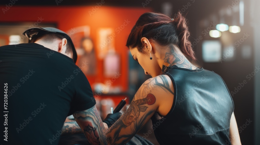 Obraz premium Close-up of artist applying tattoo on back of customer, copy space for text
