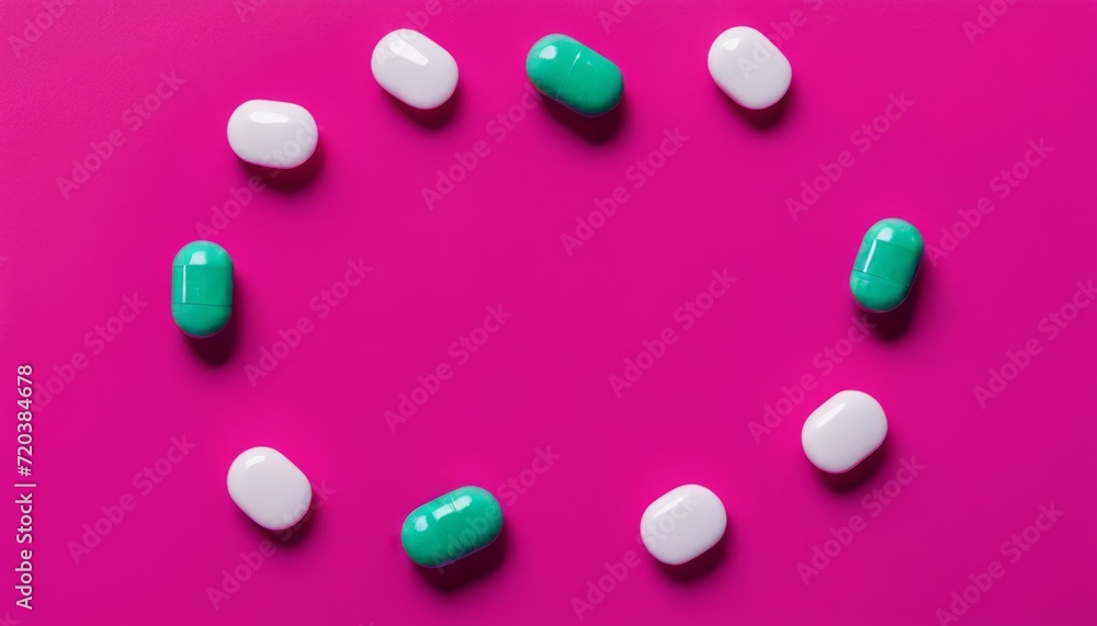 A circle of pills on a pink background A circle of pills on a pink background