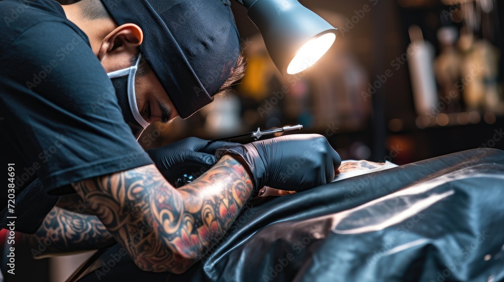 Close-up of artist applying tattoo on back of customer, copy space for text Close-up of artist applying tattoo on back of customer, copy space for text