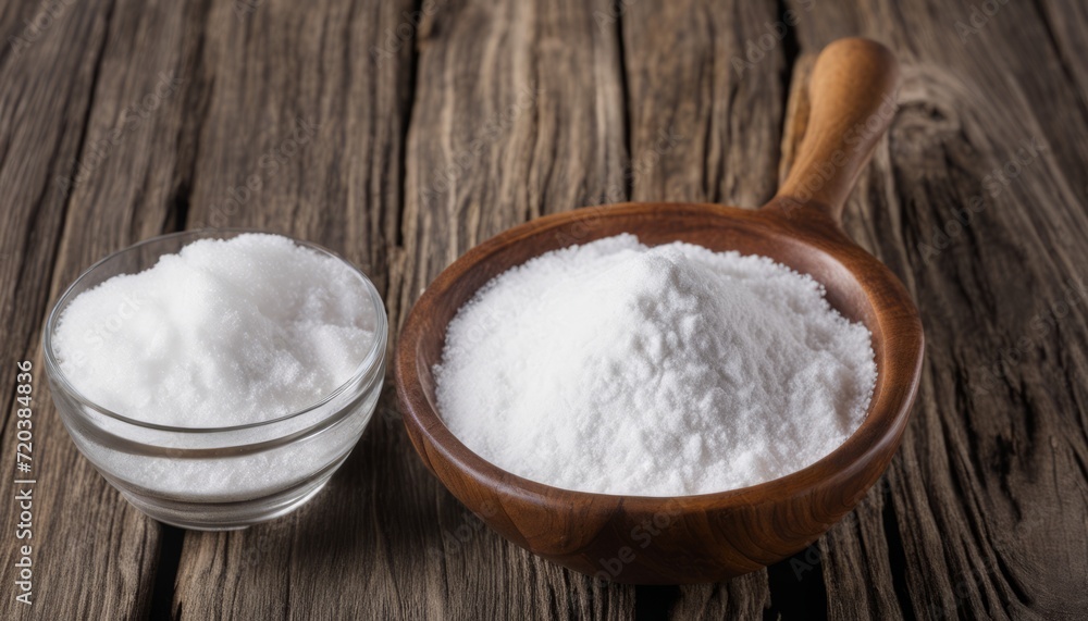 A wooden bowl and a glass bowl filled with sugar A wooden bowl and a glass bowl filled with sugar
