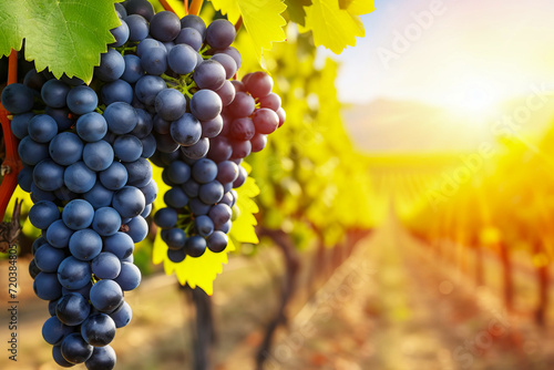A bunch of grapes in the sun against the backdrop of a landscape.
