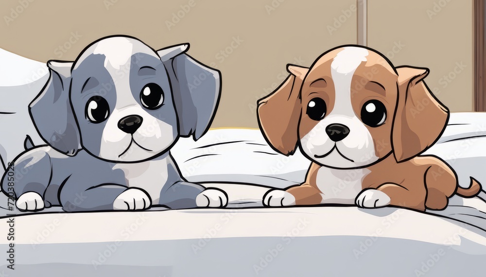 Fototapeta premium Two puppies laying on a bed