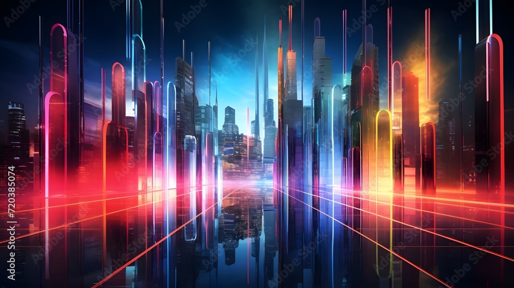 Futuristic skyscraper glows with vibrant multi colored lighting.
