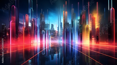Futuristic skyscraper glows with vibrant multi colored lighting. 