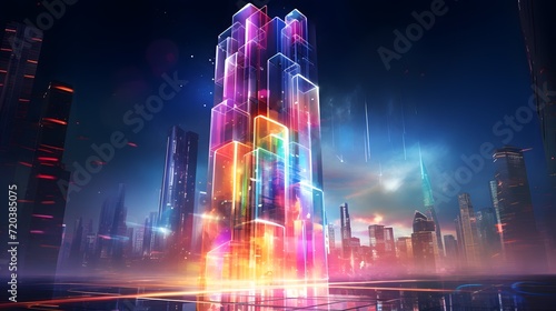 Futuristic skyscraper glows with vibrant multi colored lighting.
 photo