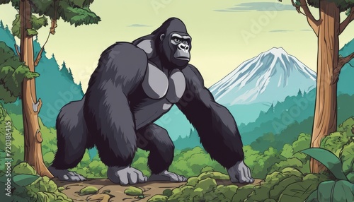 A gorilla is walking through a forest photo