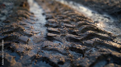 Close-Up of Tire Tracks on Muddy Road: Realistic Details and Textures Highlighted by the Warm Glow of Sunset.