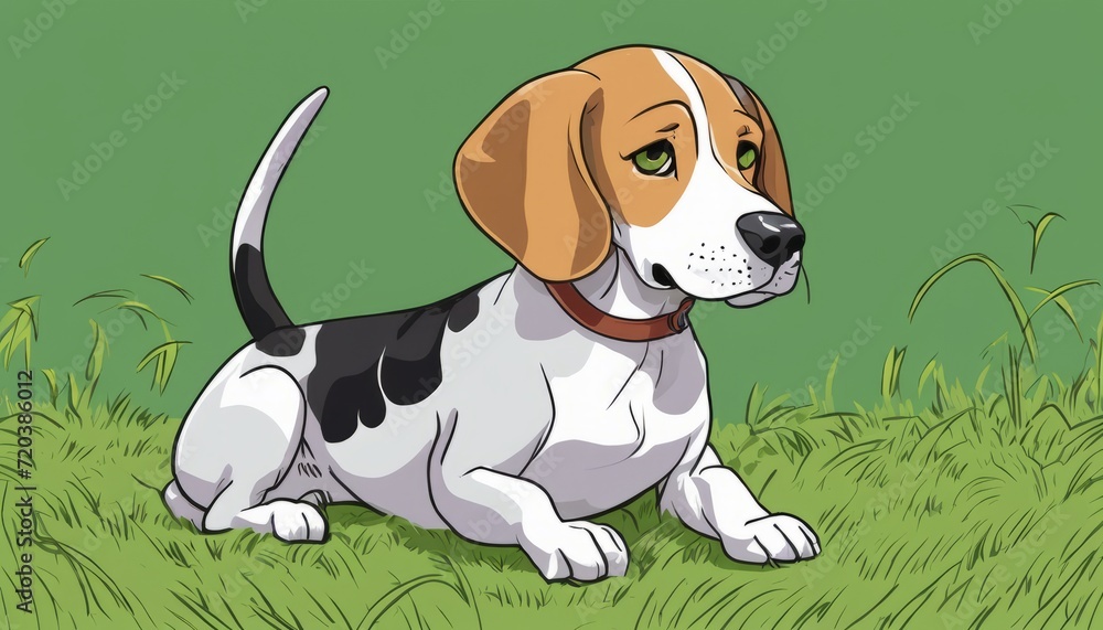 A beagle dog with a brown collar sitting on the grass