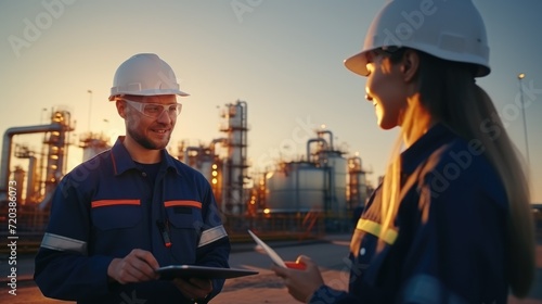 man engineer with woman in uniform working and check outside factory of Large oil pipeline and gas pipeline in the process of oil refining and the movement of oil and gas, Generative AI