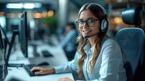 Female Telemarketer in Headset, Consulting Online Customer on Computer in Customer Support Office. Generative AI