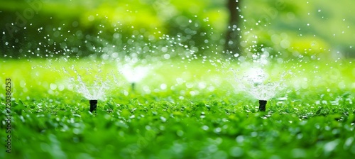 Automatic sprinklers watering lush green lawn in garden with space for text placement concept