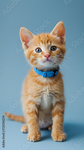 little orange cat with a blue collar standing on a blue background