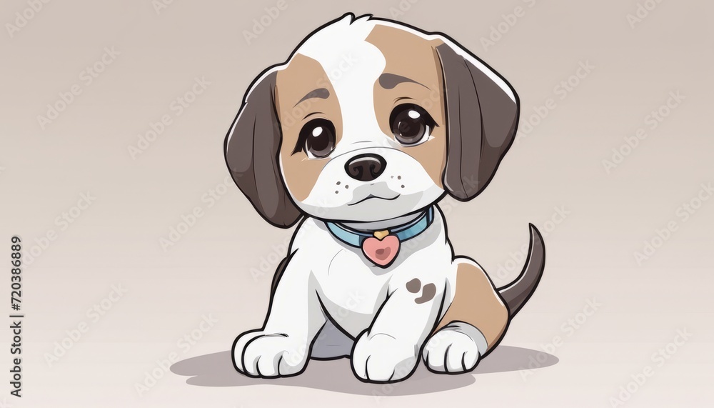 A brown and white puppy with a heart shaped tag