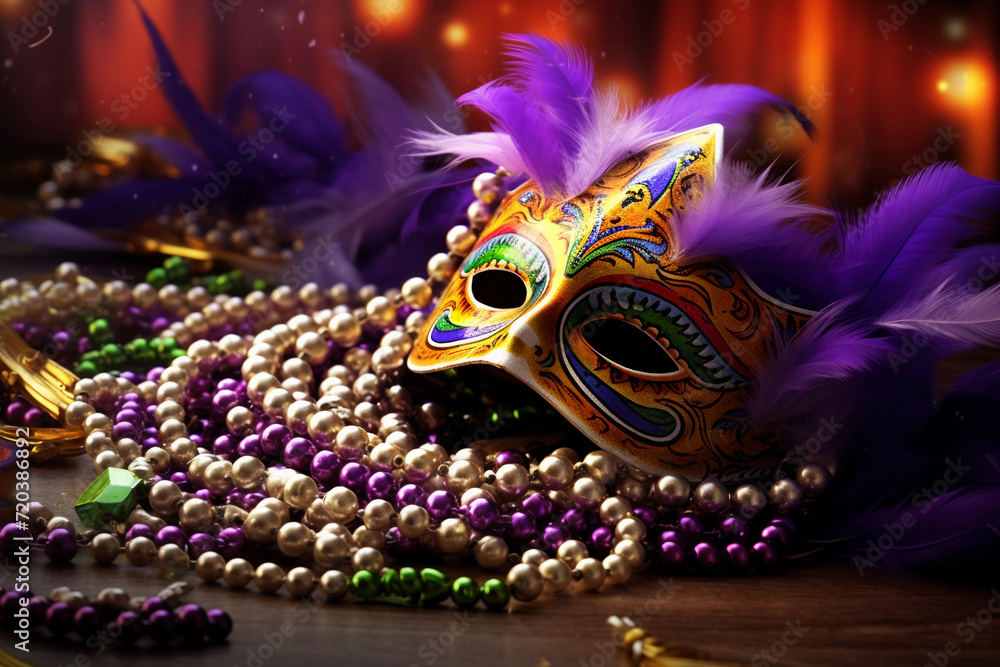chinese new year decorations  A Mardi Gras mask with beads and feathers.