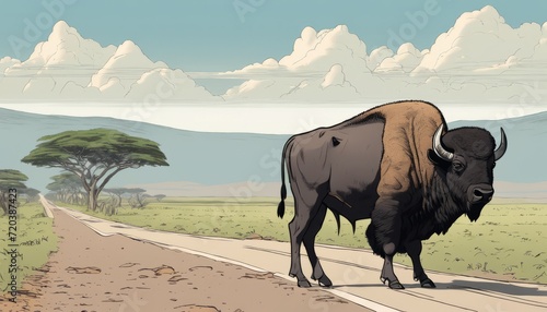 A buffalo standing on a road