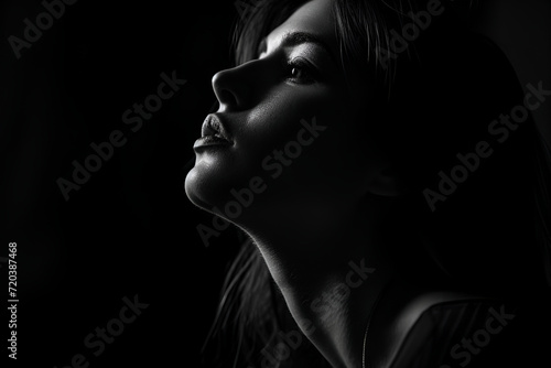 portrait of a beautiful woman in the dark studio , strong contrast between light and dark, monochromatic shadows, 