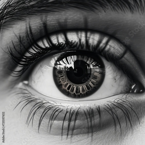 A black and white wide-angle photography of a female eye , generated by AI