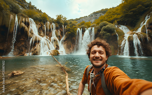 man taking selfie in front of waterfall in a waterfull tourist attraction photo