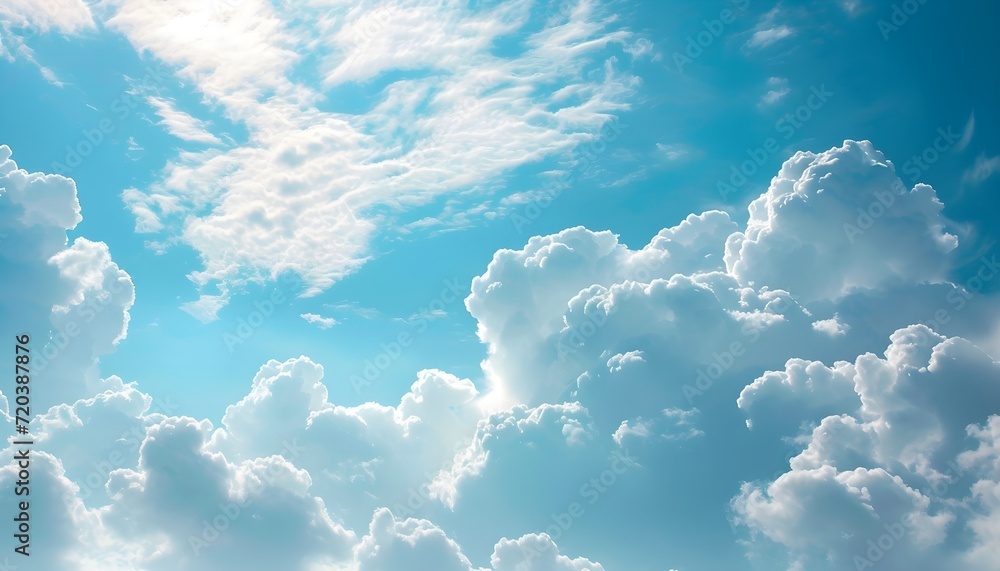The sky has the light of the sun, the sky is blue, there are small and large clouds alternating and moving slowly, with the sunlight passing, creating a miraculous abstract shape. Generative AI The sky has the light of the sun, the sky is blue, there are small and large clouds alternating and moving slowly, with the sunlight passing, creating a miraculous abstract shape. Generative AI