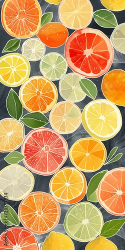 An Illustration of many different Fruits of Citrus in the Style of Ethereal Watercolor Washes - Citrus Fruits Collage inspired Background created with Generative AI Technology