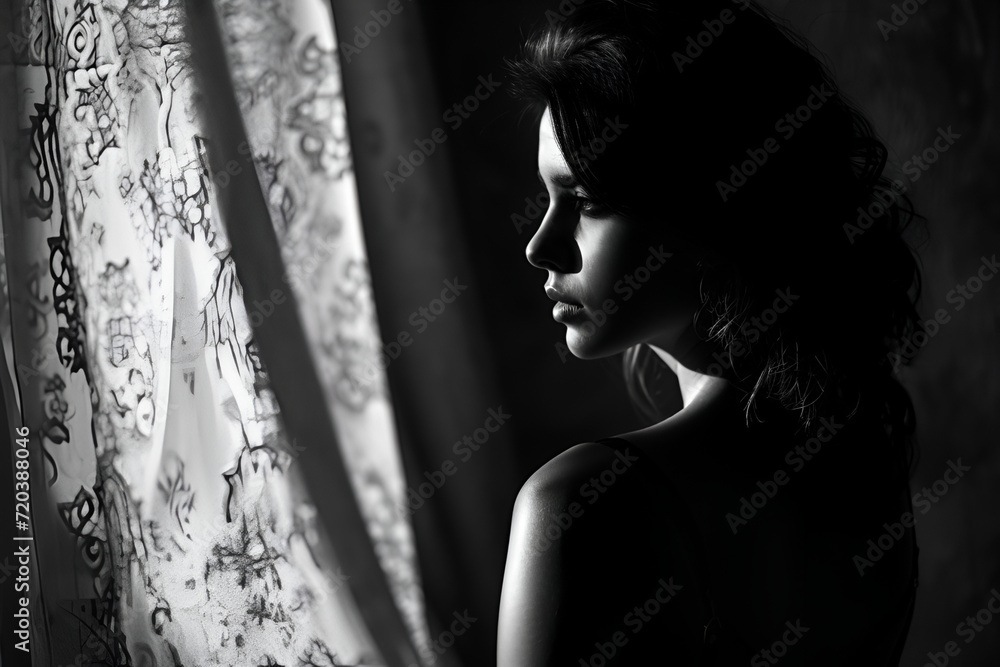 in profile portrait of a beautiful young woman posing in black light nearby window, in the style of black and white intimacy, naturalistic shadows, silhouette lighting, sombre, in profile portrait of a beautiful young woman posing in black light nearby window, in the style of black and white intimacy, naturalistic shadows, silhouette lighting, sombre,