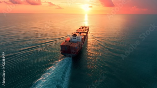 Cargo ship sailing transport business at sea with beautiful sunlight, logistics by ocean. photo