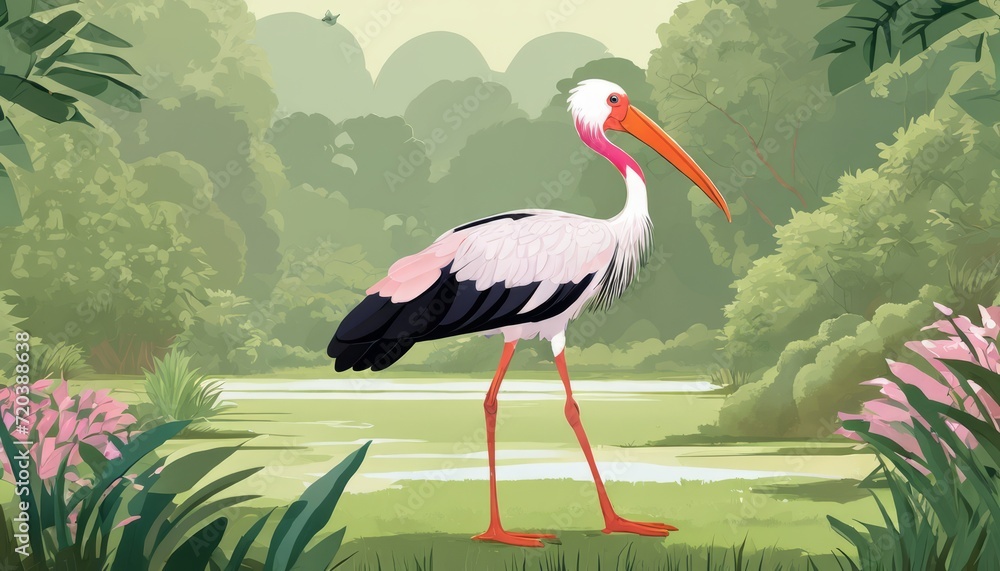 Fototapeta premium A pink and white bird with a long beak standing in a grassy area