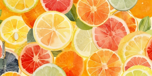 An Illustration of many different Fruits of Citrus in the Style of Ethereal Watercolor Washes - Citrus Fruits Collage inspired Background created with Generative AI Technology
