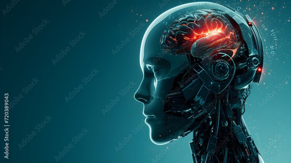 Robot technology, side view of humanoid head and brain, illustration design. Generative AI Robot technology, side view of humanoid head and brain, illustration design. Generative AI