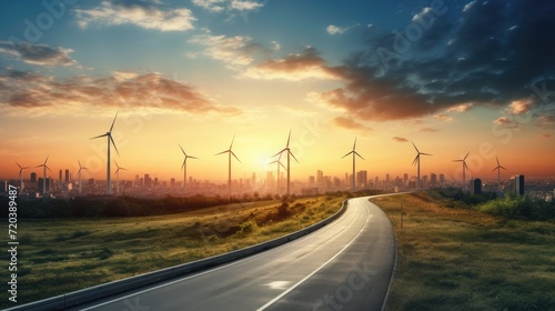 Long road on wind turbines produce electricity filed with blurred full lighting of big city background at night, Renewable Energy Green energy in full development, Generative AI