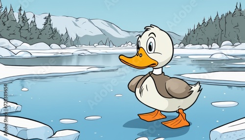 A duck standing on a frozen lake