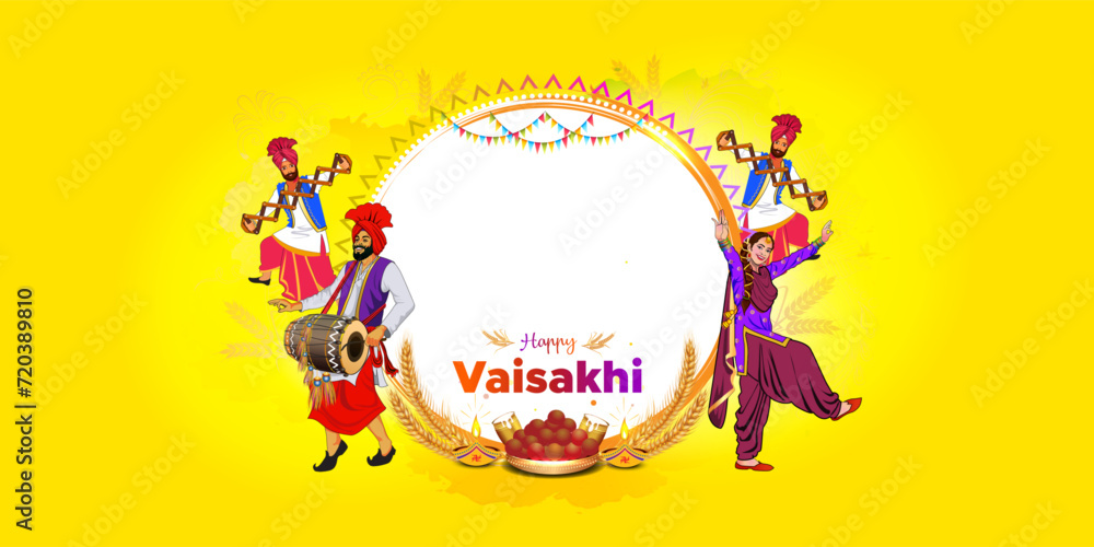 Happy Vaisakhi or Baisakhi festival Celebration background. Indian Punjabi Sikh traditional harvest festival Poster banner design.