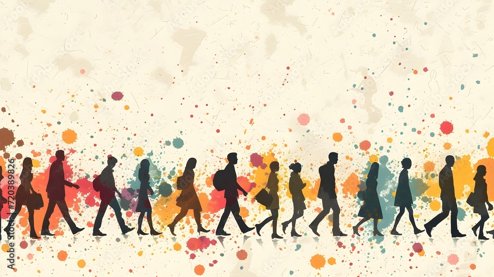 Wallpaper background of abstract paint blur motion bunch of people walking in colorful design illustration. generative ai creative