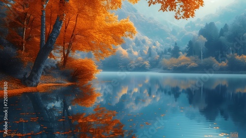 autumn landscape with lake. autumn nature and mind relaxing environment. autumn season, orange trees with beautiful lake