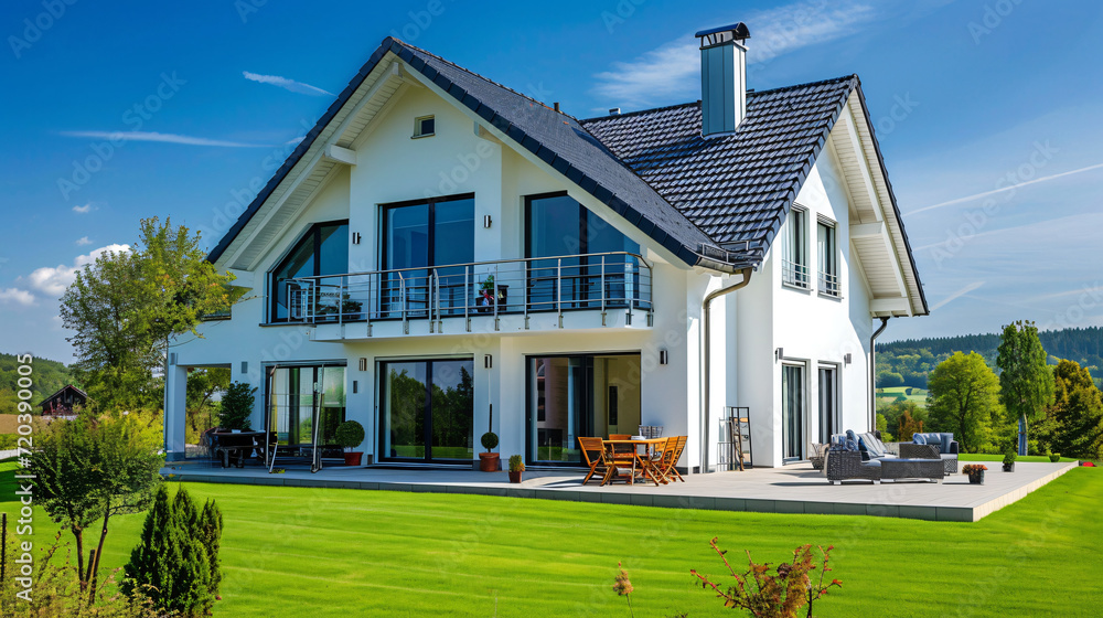 Idyllic German Home: Bright Facade with Lush Green Grass in Perfect Weather Idyllic German Home: Bright Facade with Lush Green Grass in Perfect Weather