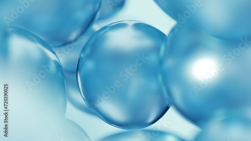 Liquid blue oil bubbles macro close up. Abstract cosmetic 3D illustration background of fluid circles. Beauty care concept of decorative antioxidant peptide soap spheres in light water background