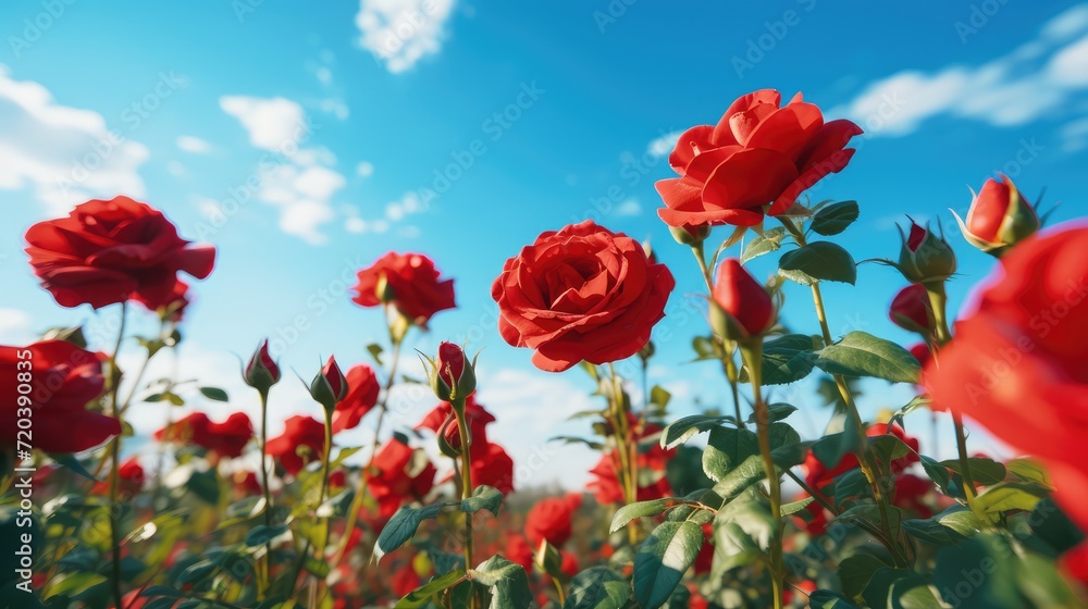 Naklejka premium Blooming red roses field on a blue sky background. AI generated.