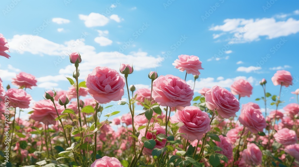 Beautiful pink roses on a blue sky background. AI generated.