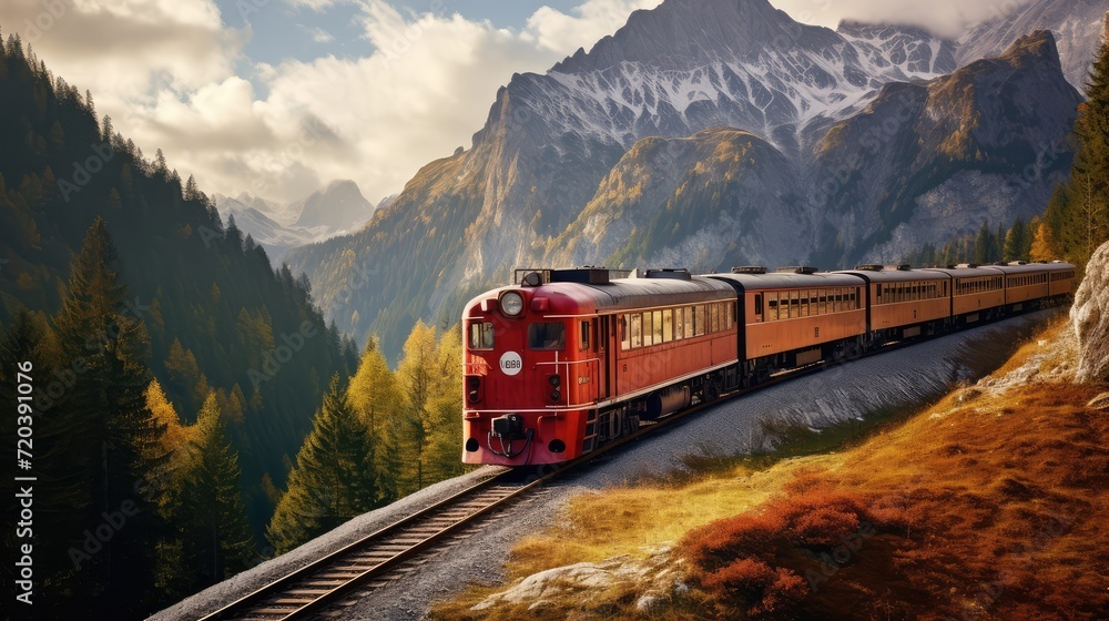 Train travel on a stunning landscape background. AI generated.